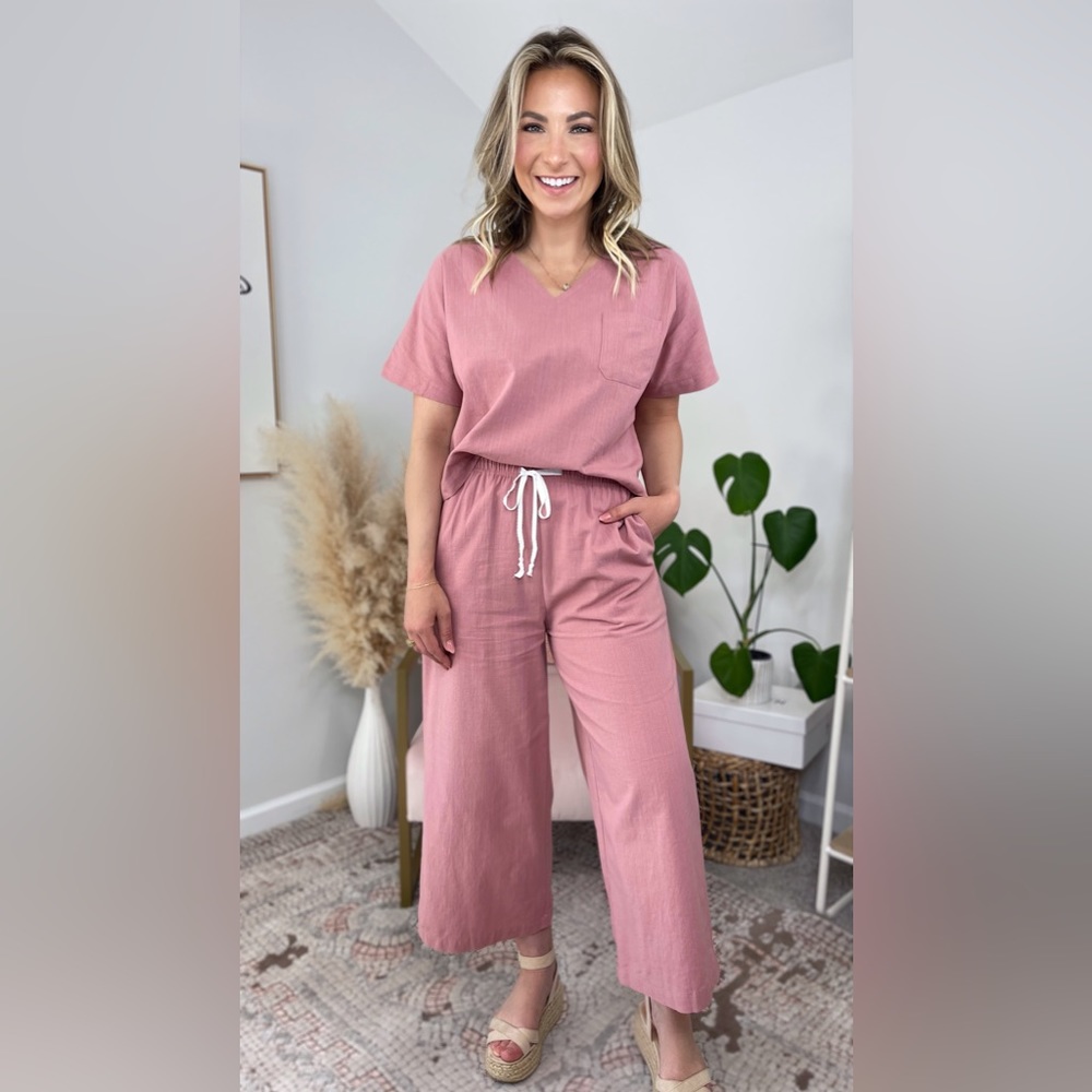 Amazon Ekouaer 2 Piece Linen Short Sleeve Wide Leg Pants Set Small Rose Red Pink